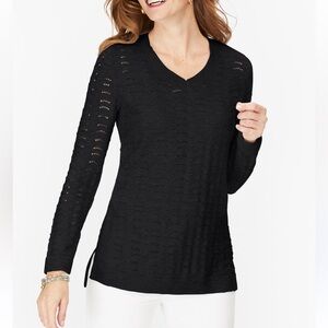 Talbots Soft Cotton Blend Pointelle Knit Black V Neck Sweater Size Medium